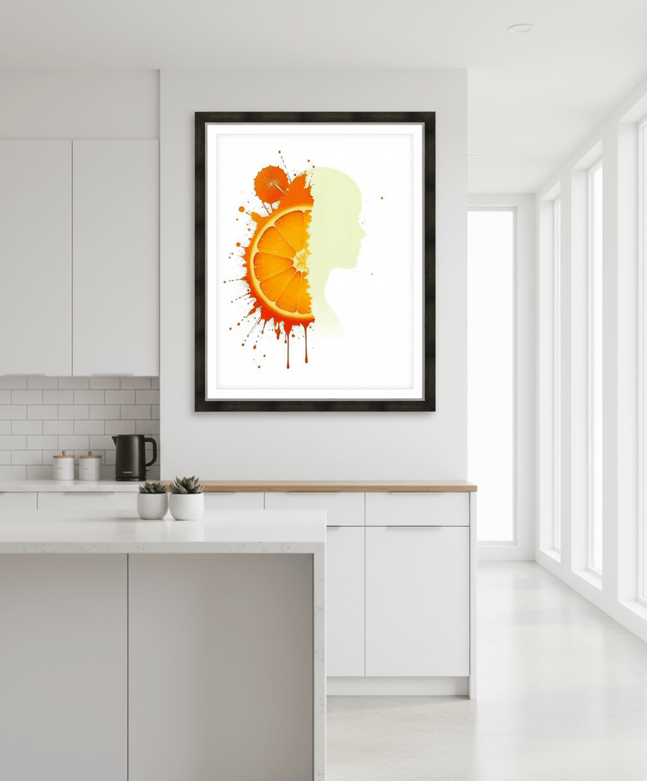 Black-framed print of orange citrus splash with pale side-profile silhouette