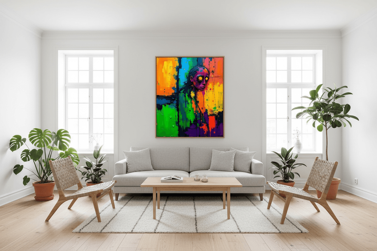 Abstract square wall art with colorful splatter portrait in purple, green, orange, yellow