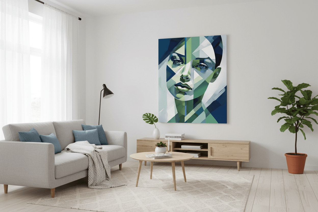 Geometric cubist portrait wall art with blue and green face, abstract shapes