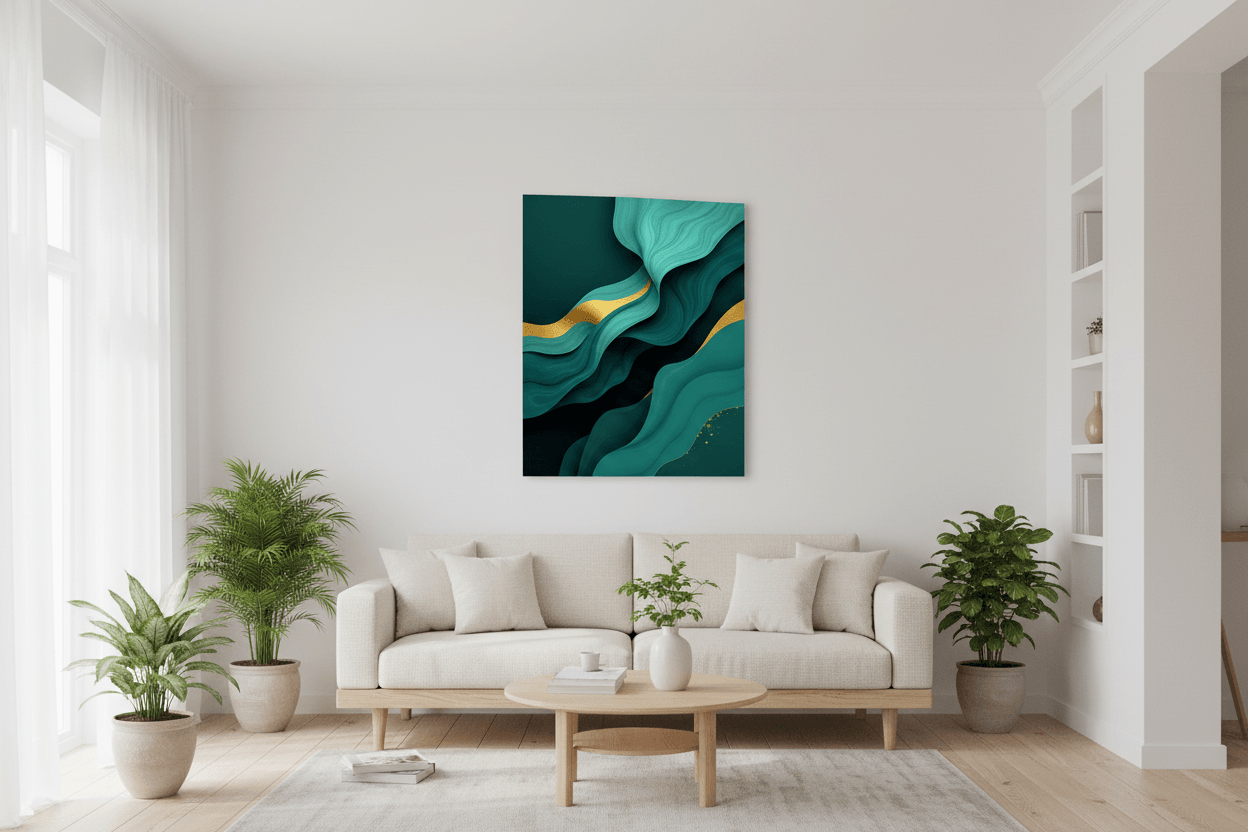 Abstract teal wave wall art print with gold accents, framed on a white wall