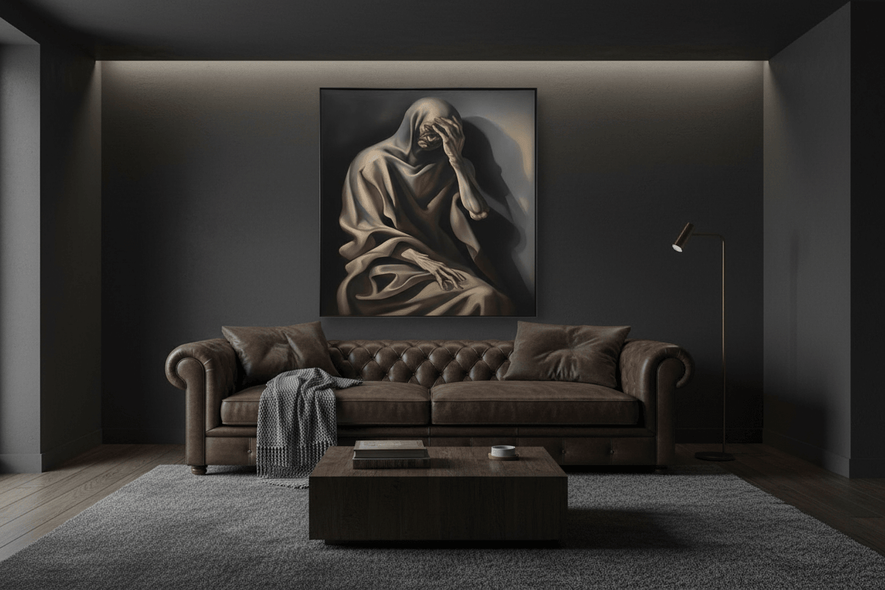 Framed wall art print showing a draped grayscale figure with hood and flowing cloth