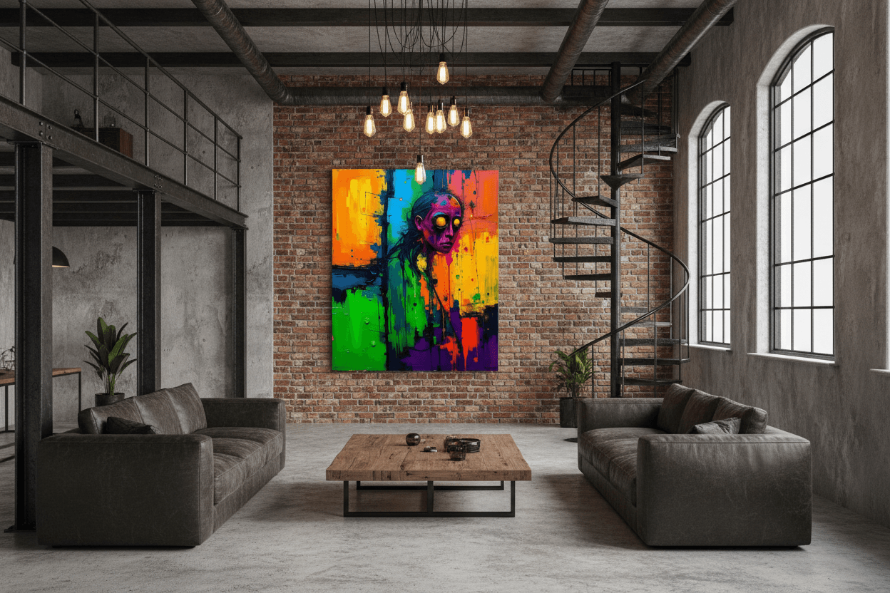 Abstract square wall art with splatter portrait in purple, green, orange, and yellow tones