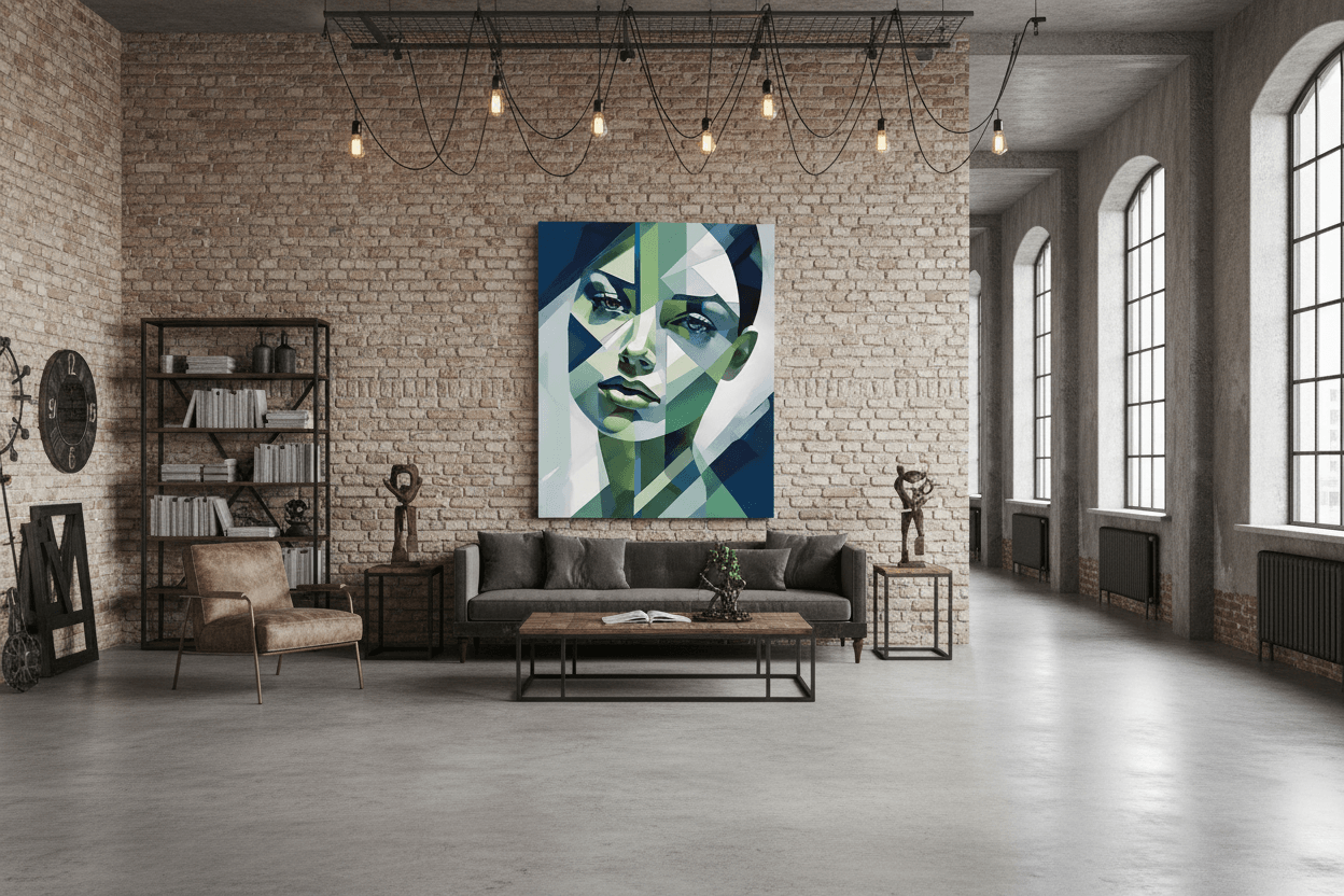 Square geometric cubist face portrait print in blue-green tones with angular forms