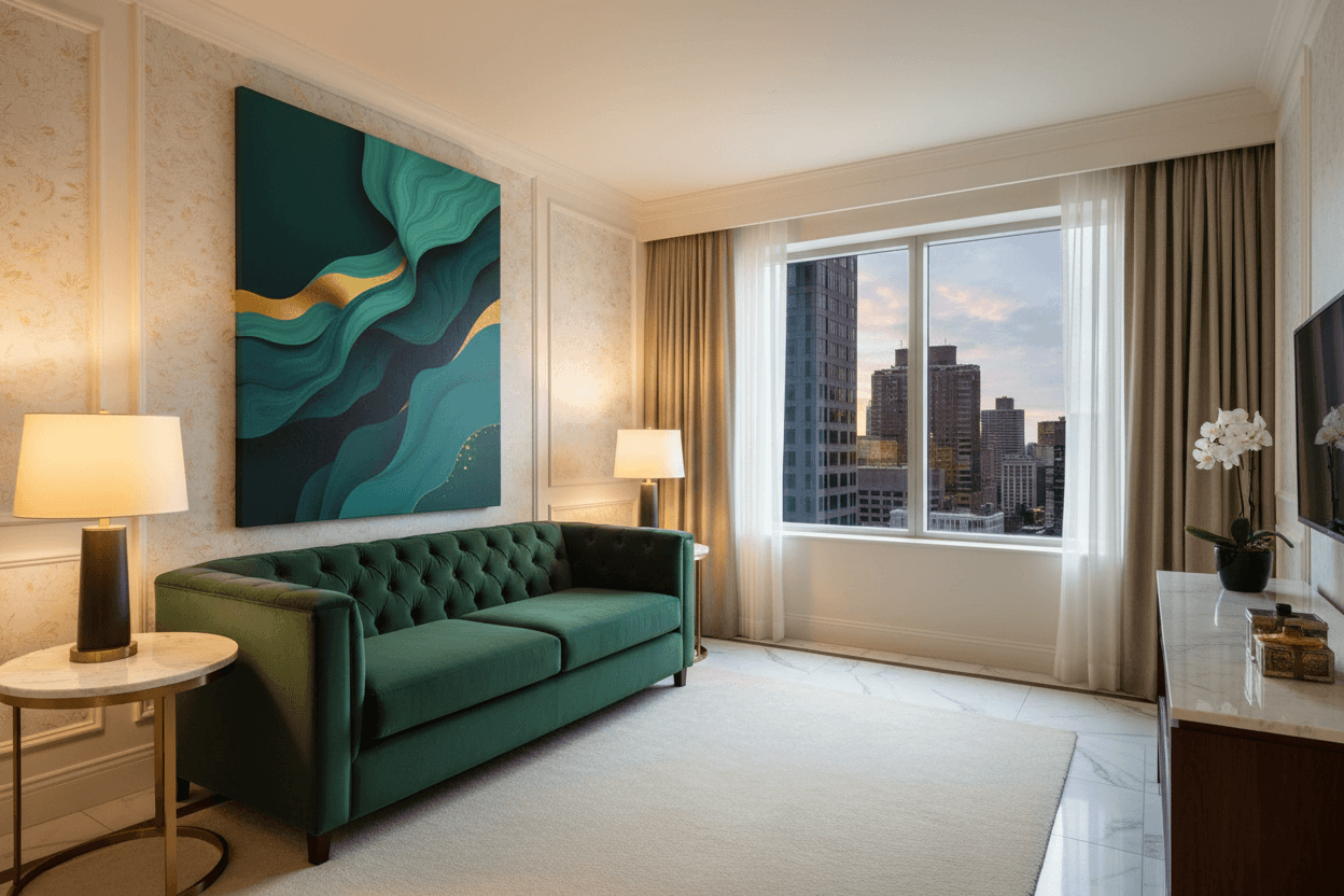 Abstract teal wave wall art print with gold accents on a dark background
