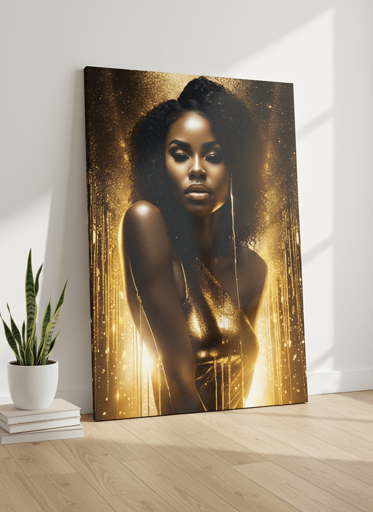 Gold and black woman portrait wall art on unframed stretched canvas with glittery gold backdrop.