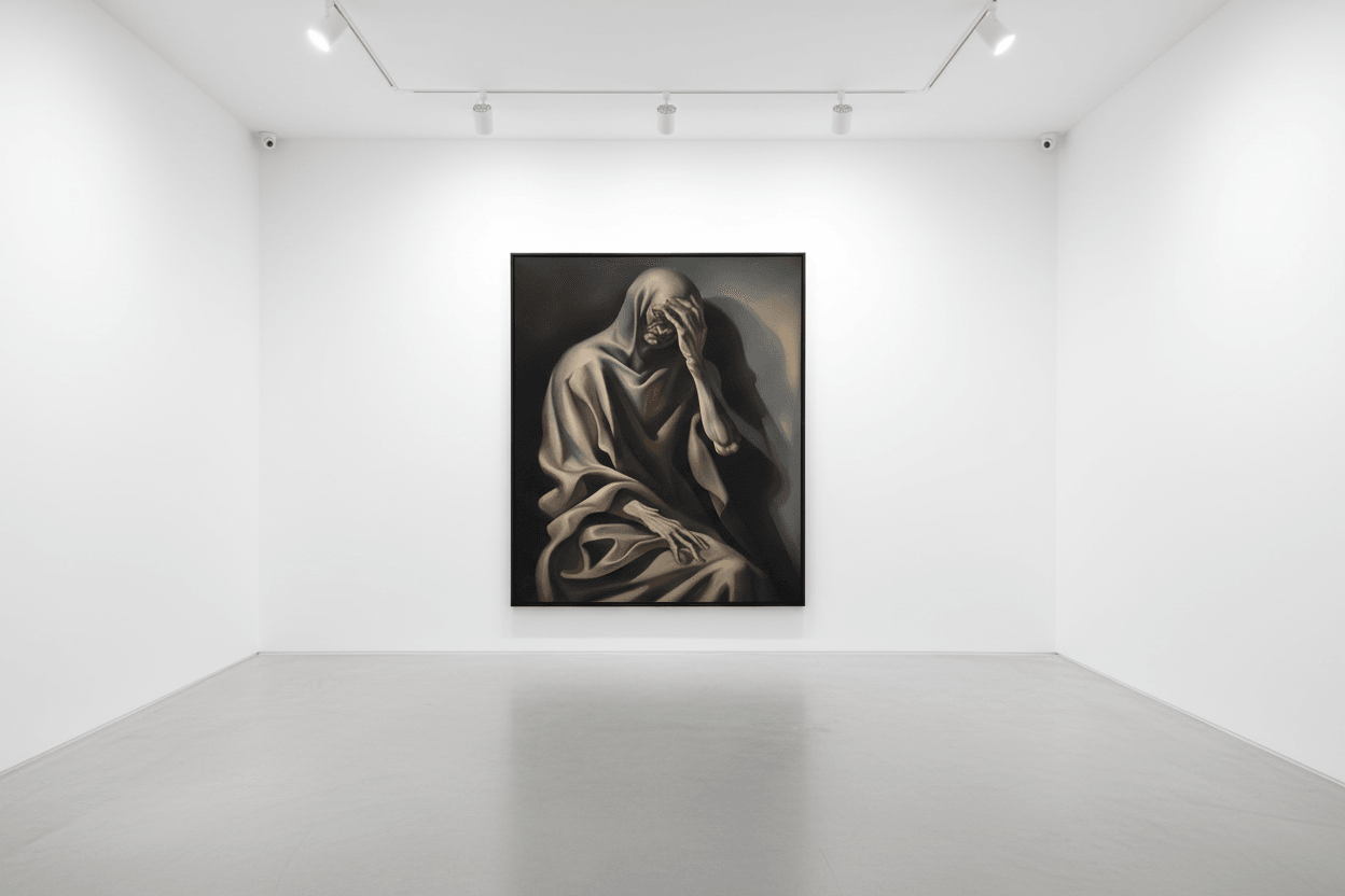 Framed wall art print of a hooded draped figure with flowing cloth