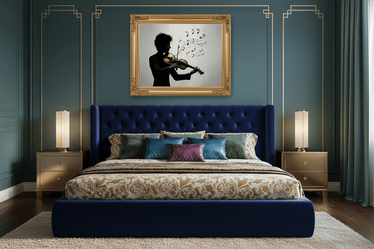 Ornate gold framed wall art of a violinist silhouette with flowing music notes