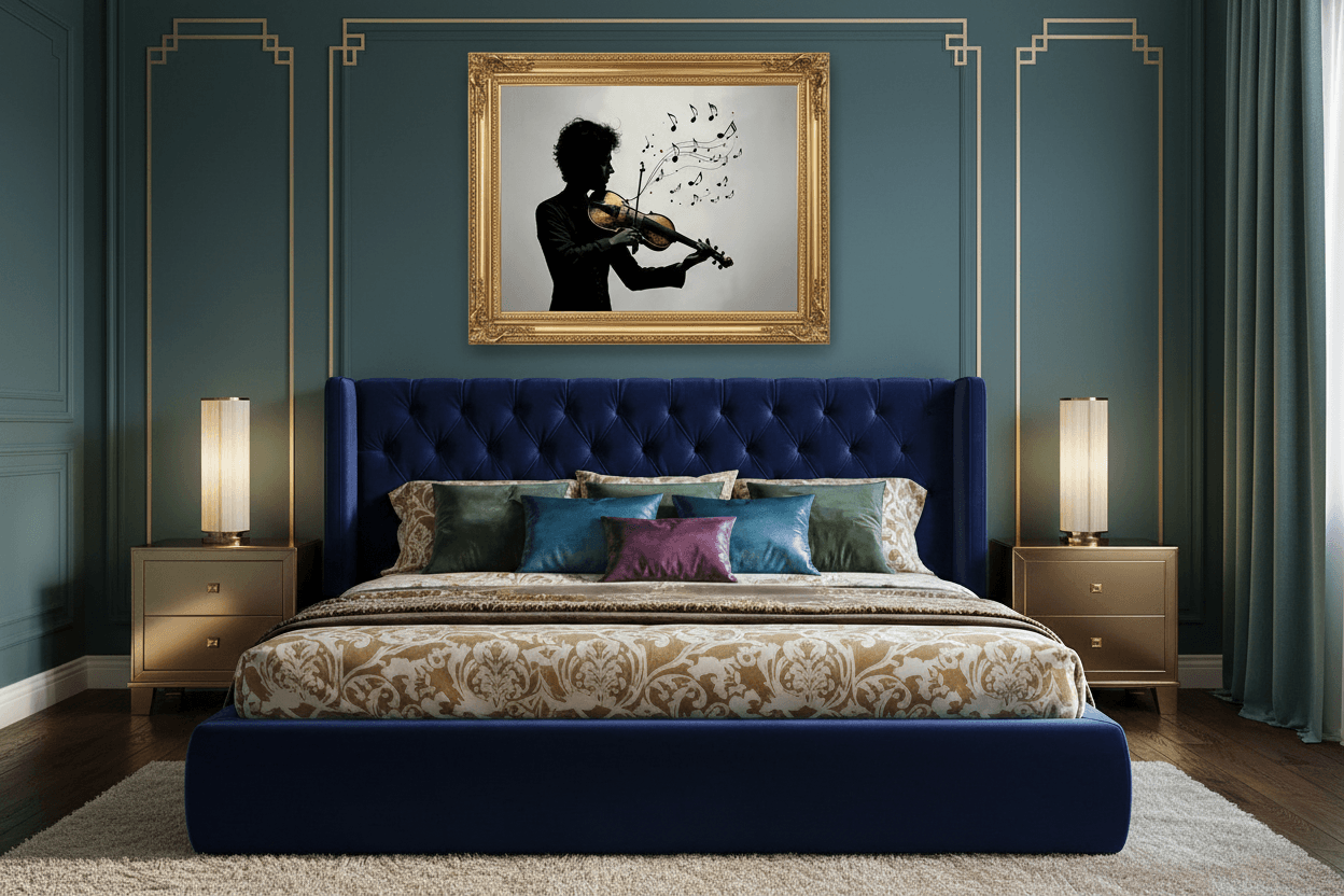 Ornate gold framed wall art of a violinist silhouette with flowing music notes