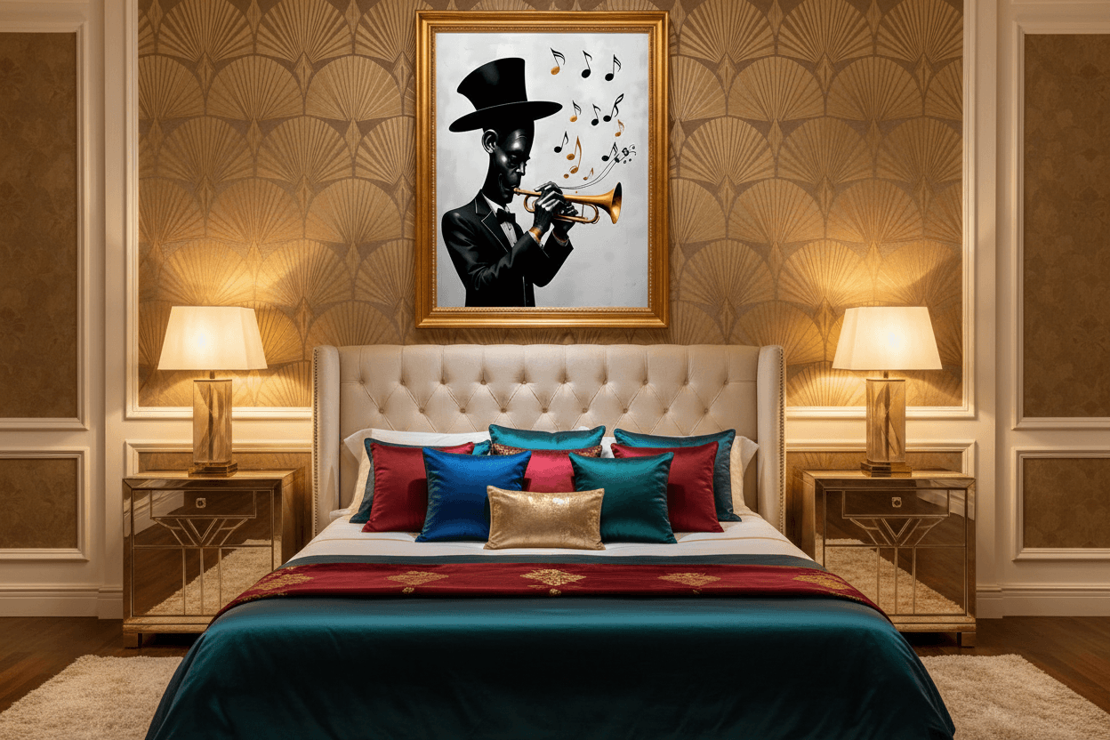 Framed jazz musician art with gold border: trumpeter silhouette holding orange horn and notes