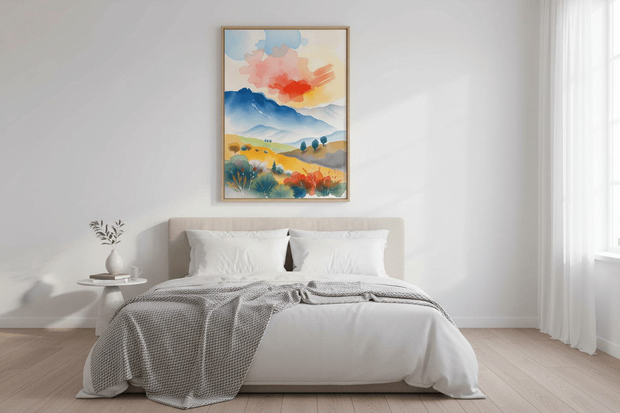 Framed watercolor landscape print featuring blue mountains, yellow fields, and orange clouds
