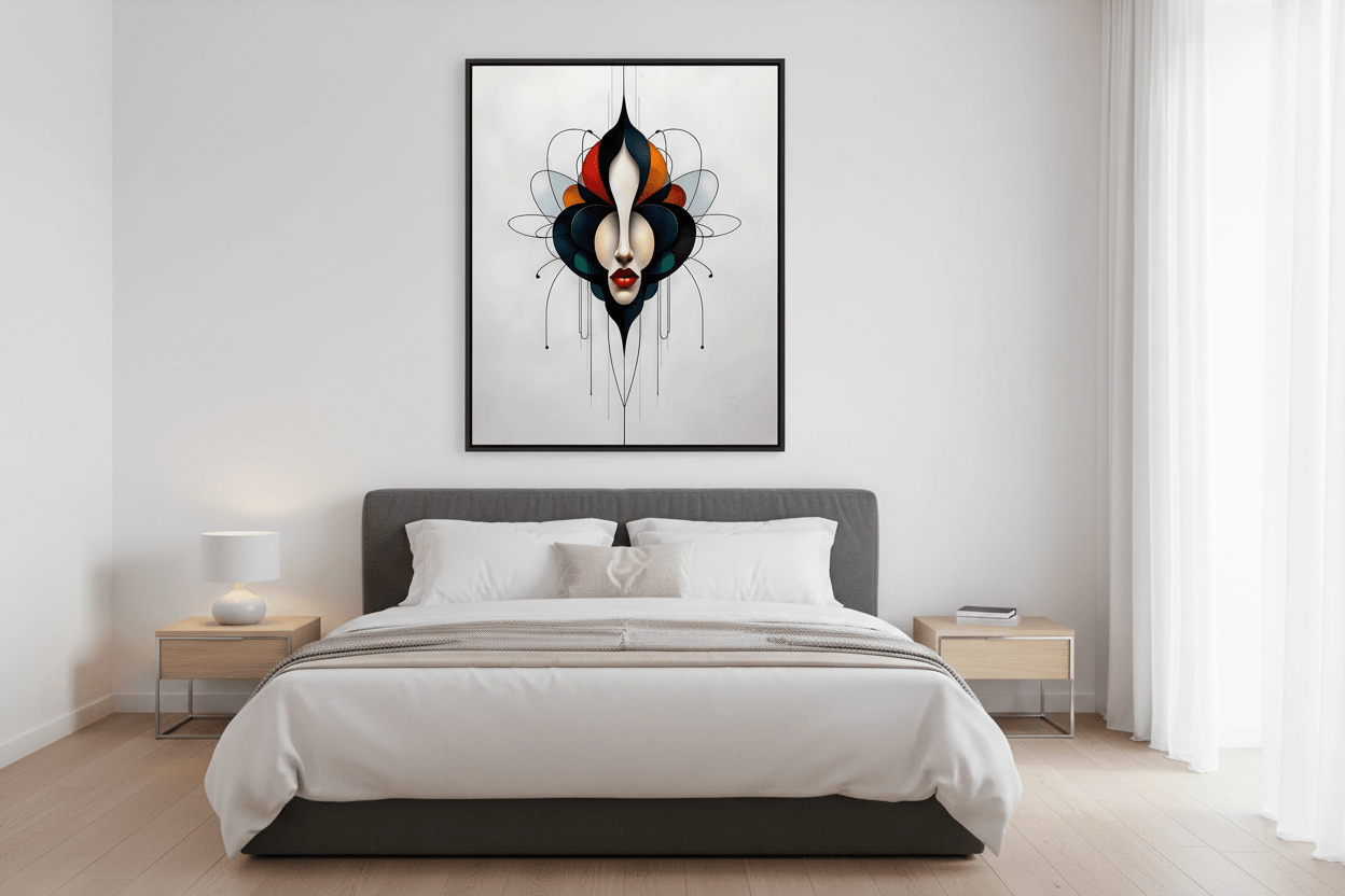 Black-framed surreal portrait wall art with mask face, teal petals, orange flame motif