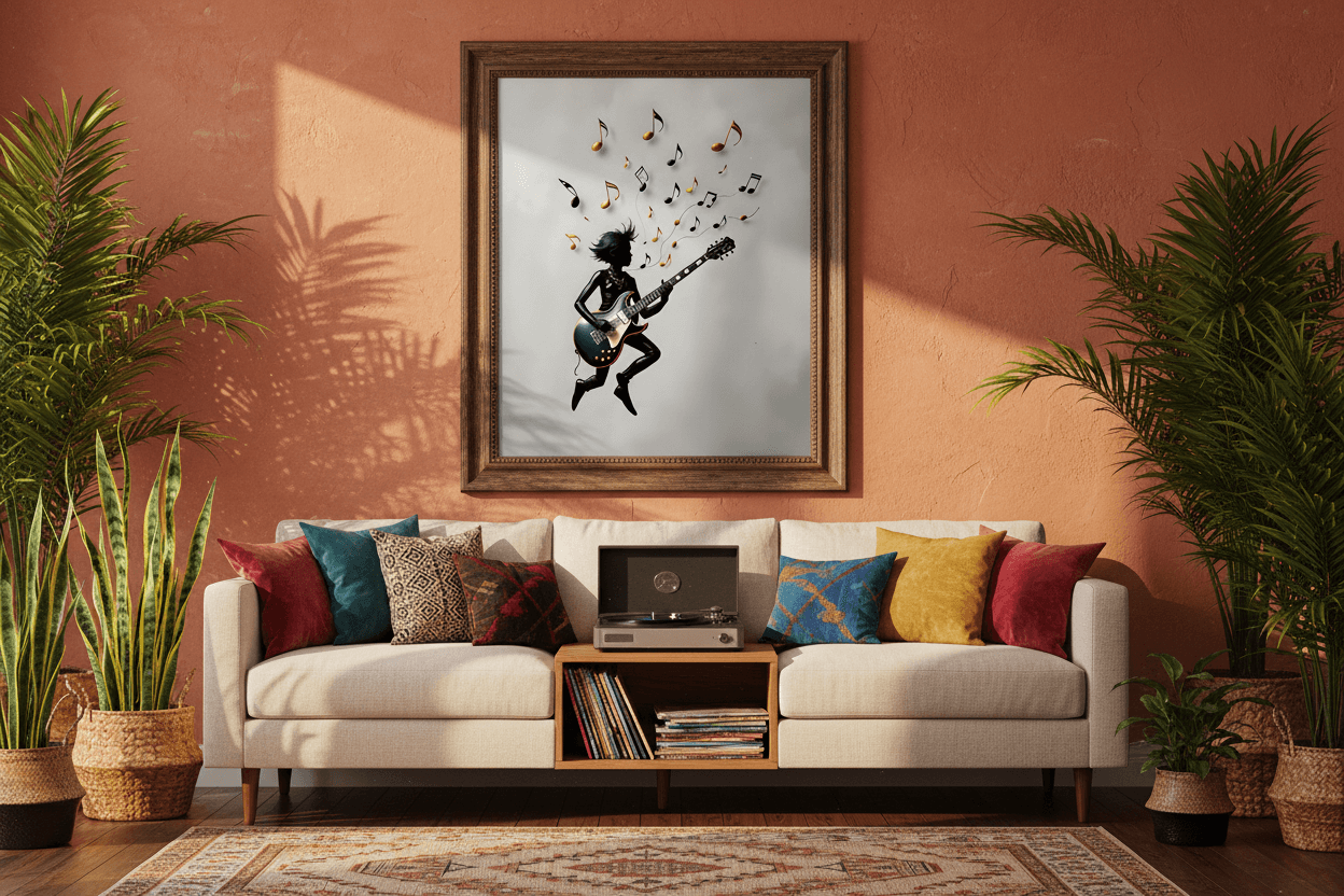Brown wood-framed musical silhouette wall art with black guitarist silhouette and music notes
