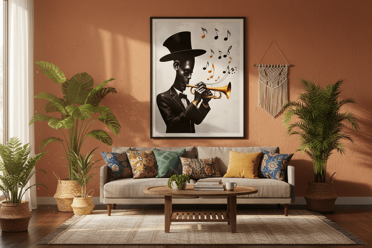 Framed jazz musician art: black trumpeter silhouette with orange horn and music notes
