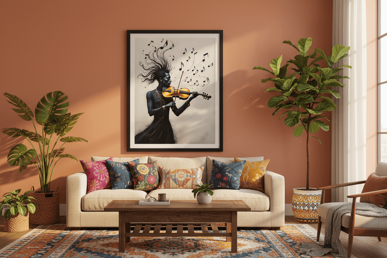 Framed art print of a woman playing violin with musical notes, dark blue dress, black frame