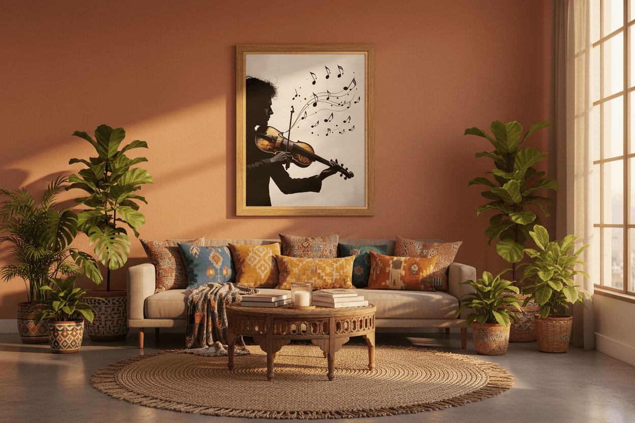 Framed violinist silhouette wall art with black violin and music notes