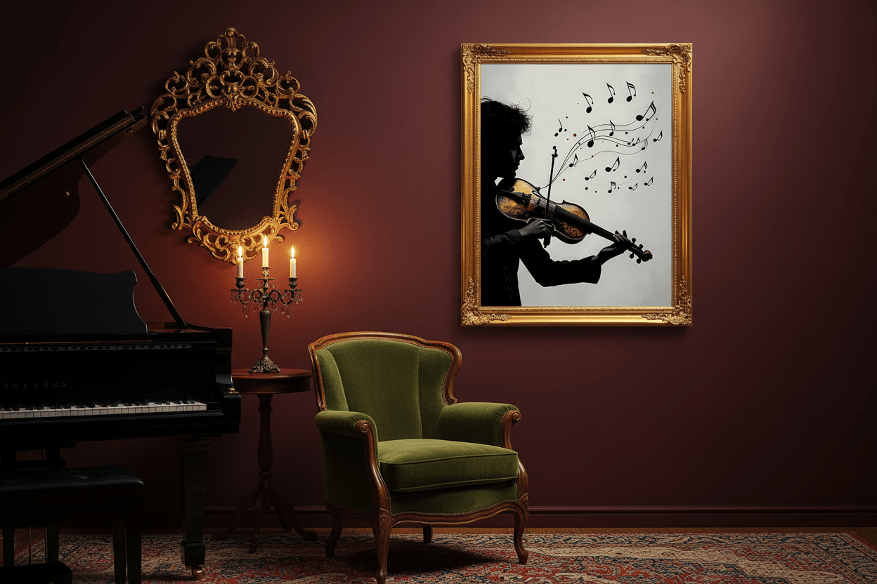Gold ornate framed wall art showing a violinist silhouette with music notes