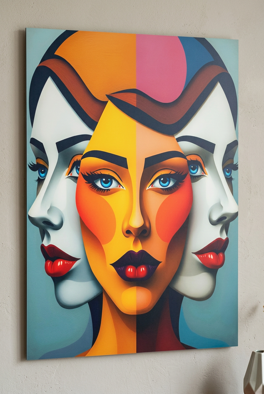 Geometric portrait faces panel print close-up, orange face and blue eyes
