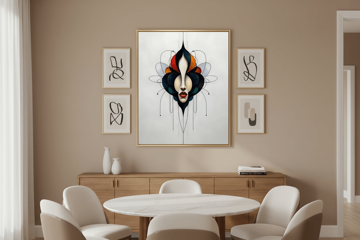 Gold-framed surreal portrait wall art with mask face, teal petals, orange flame details
