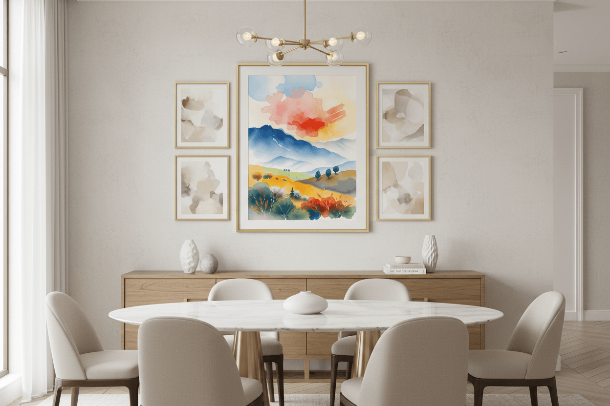 Framed watercolor landscape print with blue hills, yellow fields, and orange-red sky