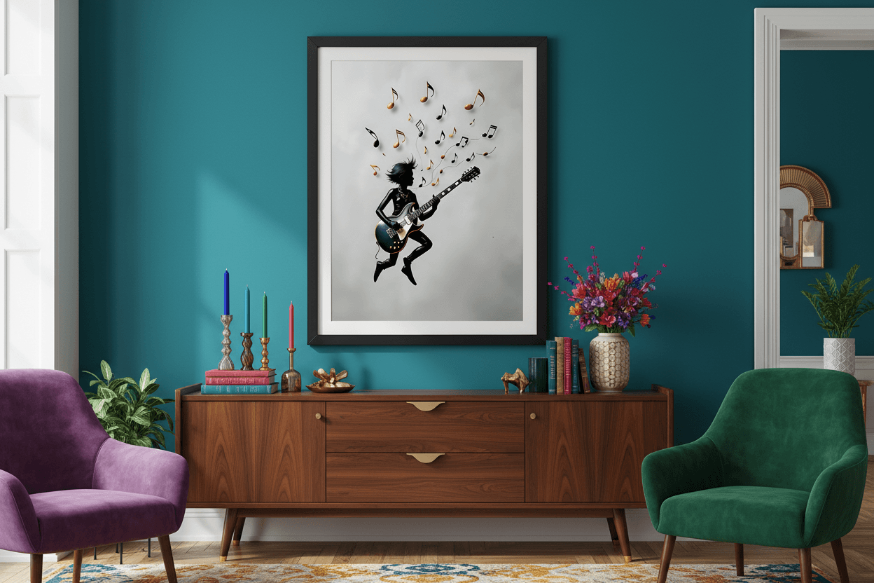 Light-framed musical silhouette wall art with black guitarist and scattered music notes