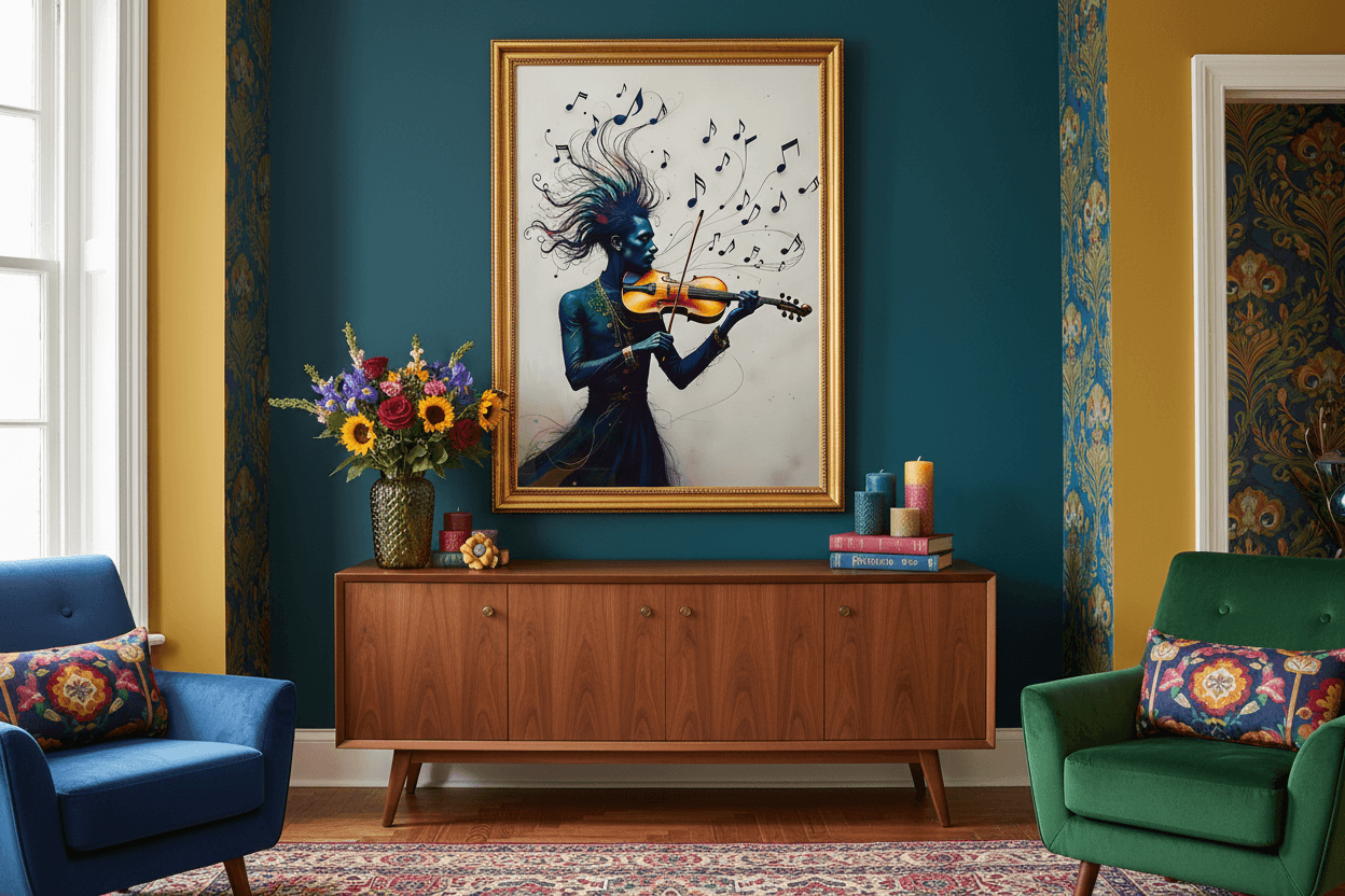 Framed art print of a woman playing violin with musical notes, dark blue dress, gold frame