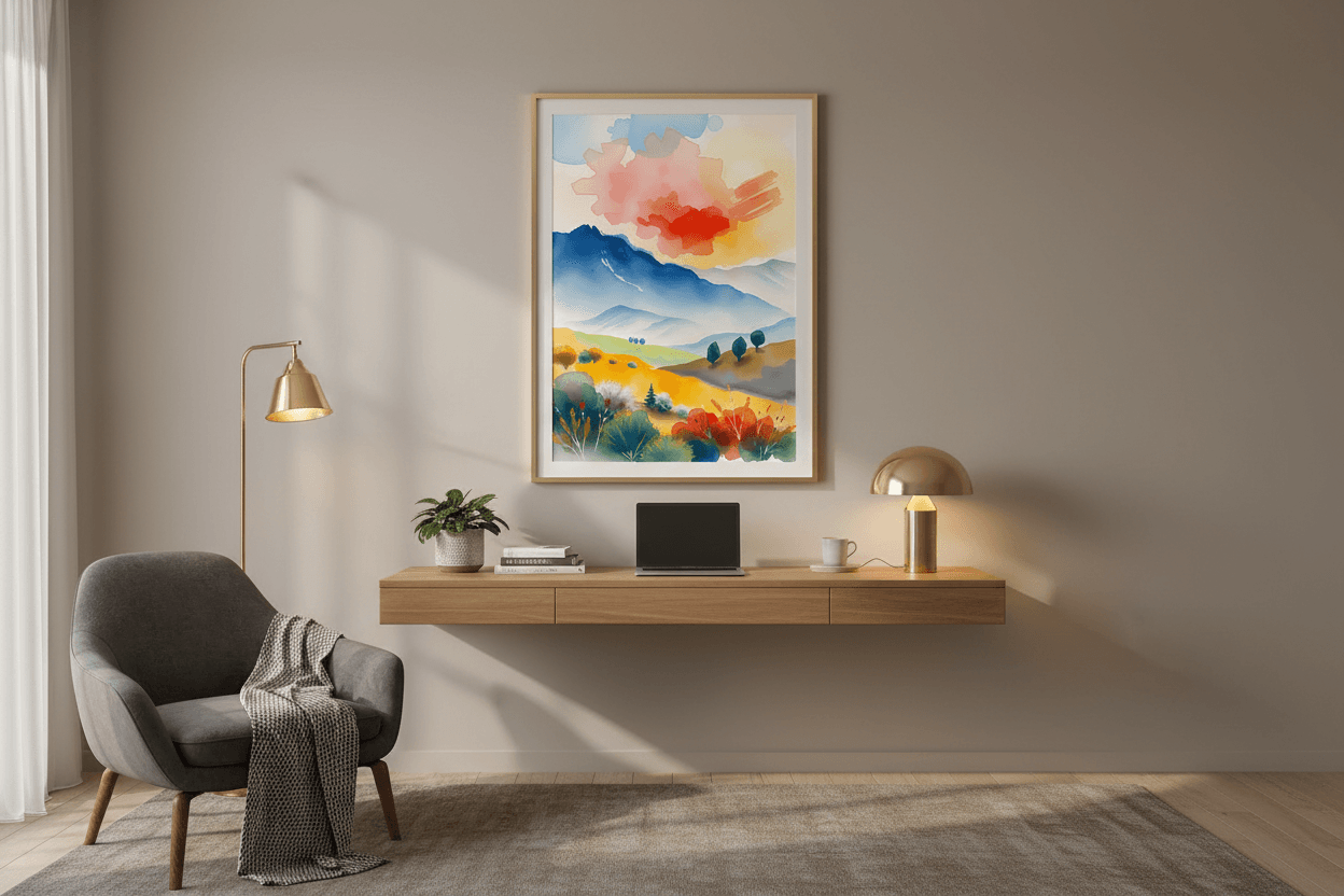 Framed watercolor landscape print with blue sky, yellow hills, and warm orange-red brushstrokes