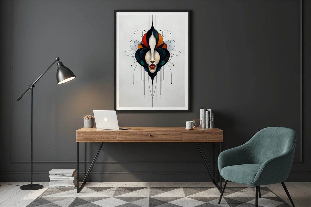 Black-framed surreal portrait wall art with mask face, teal petals, orange flame highlights