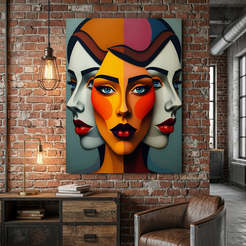 Geometric portrait faces panel print, orange hair and blue eyes with red details