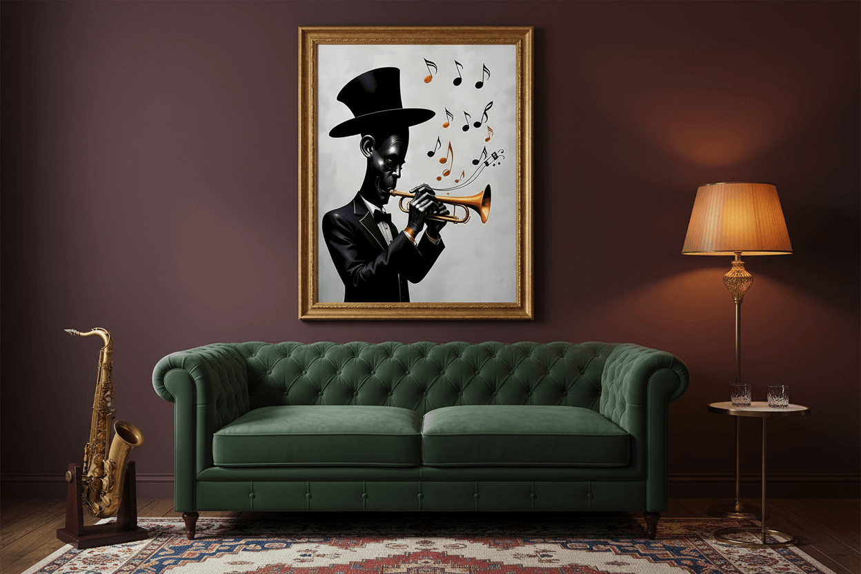 Framed jazz musician art with ornate gold frame: black trumpeter silhouette with orange horn