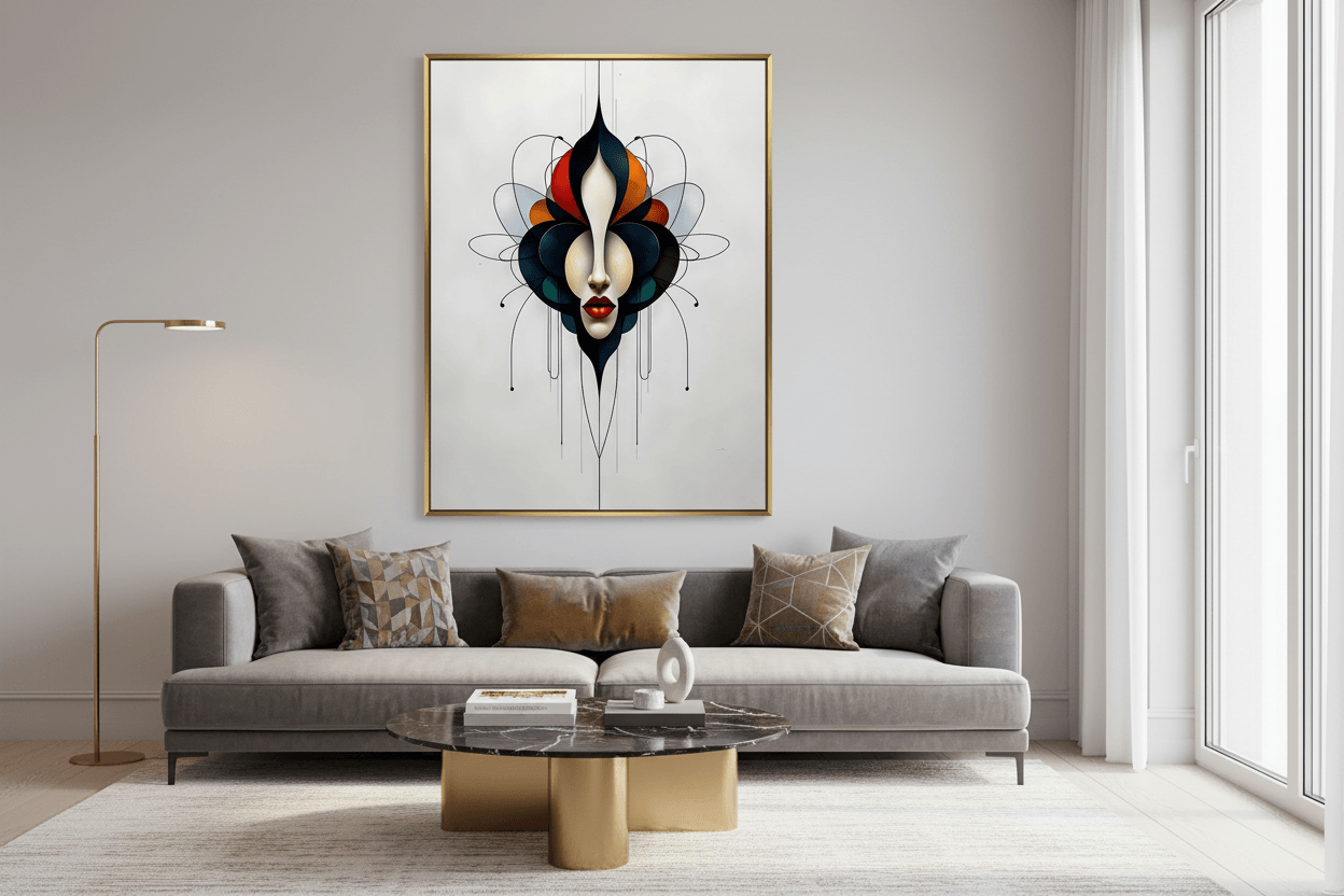 Gold-framed surreal portrait wall art with mask face, teal petals, orange accents