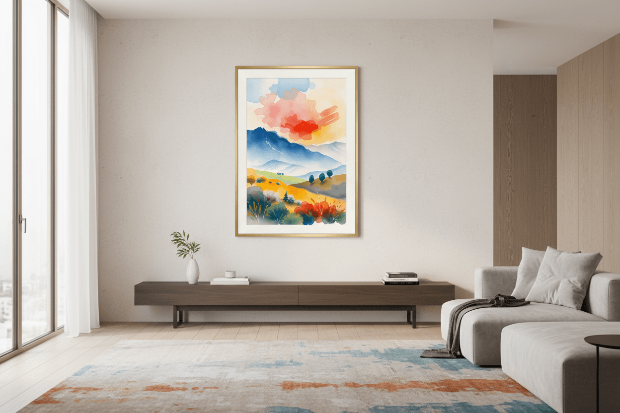 Framed watercolor landscape print with colorful sky, rolling hills, and wildflower grasses
