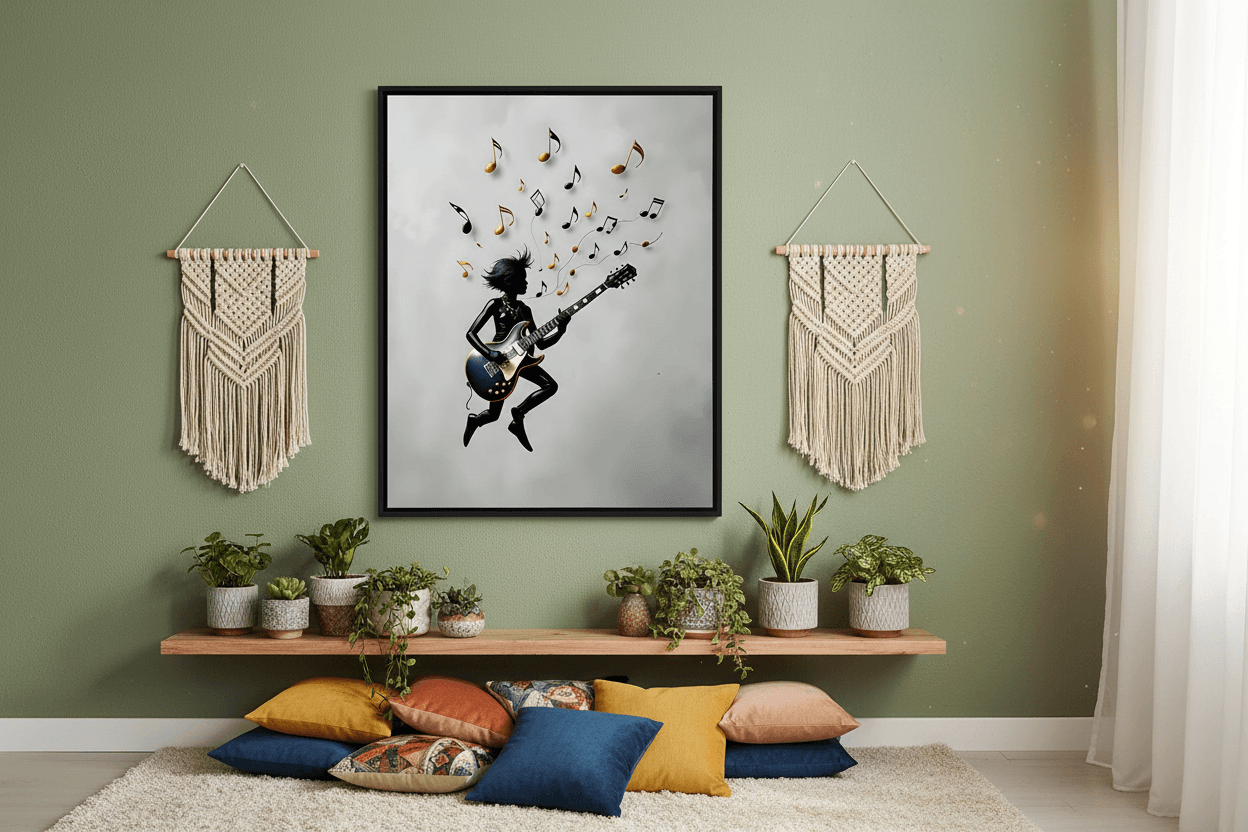 Black-framed musical silhouette wall art with black guitarist and floating music notes