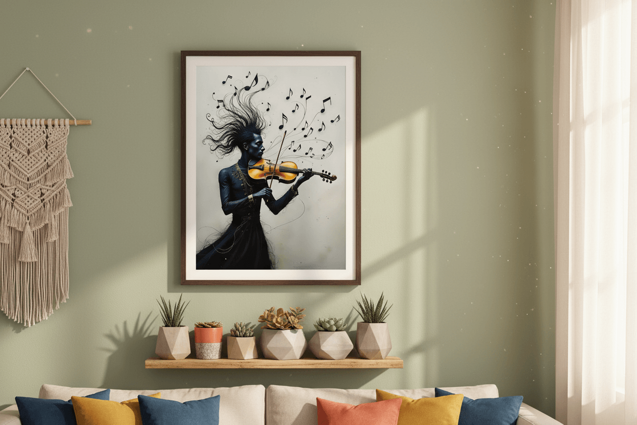 Framed art print of a woman playing violin with musical notes, dark blue dress