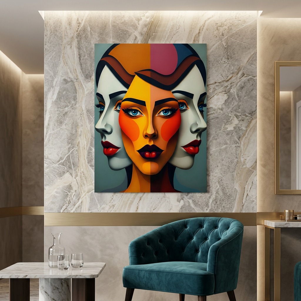 Geometric portrait faces panel print with orange center face and side faces