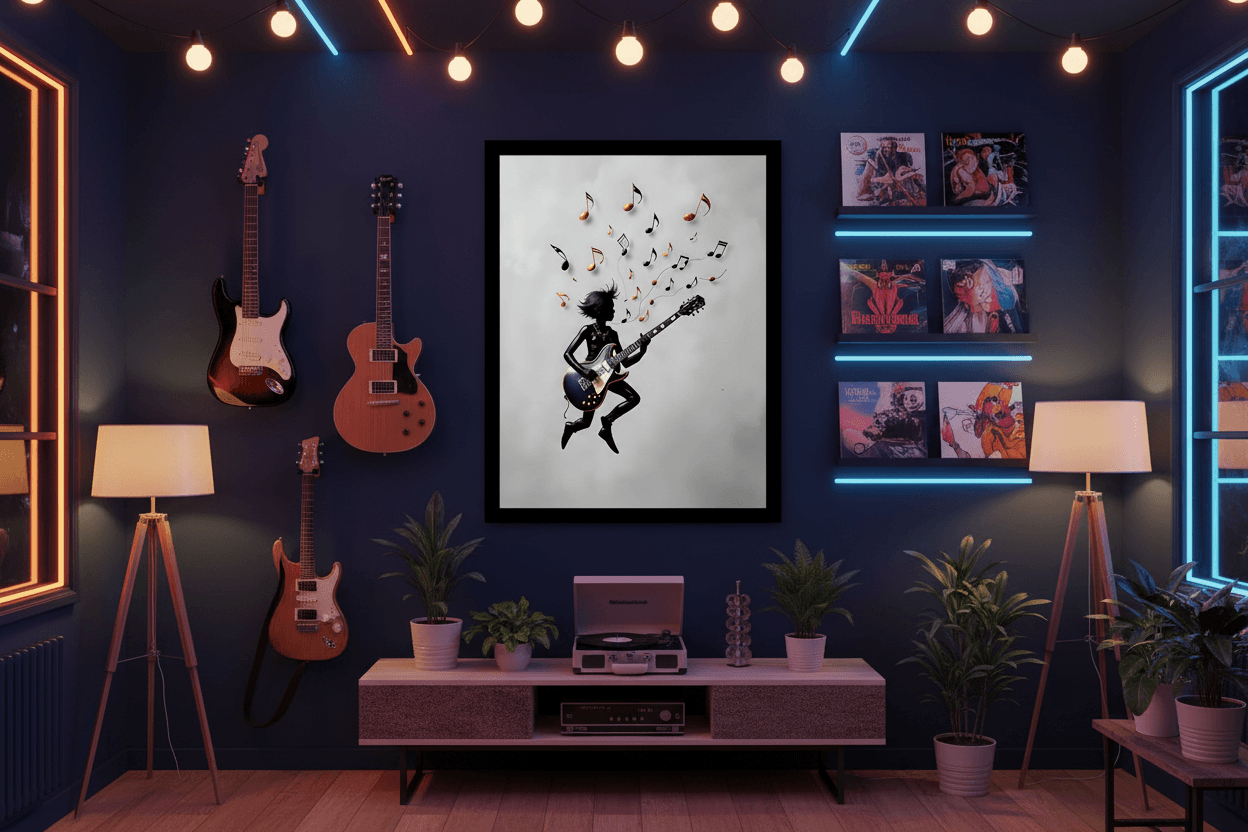 Dark-framed musical silhouette wall art with black guitar player and floating music notes