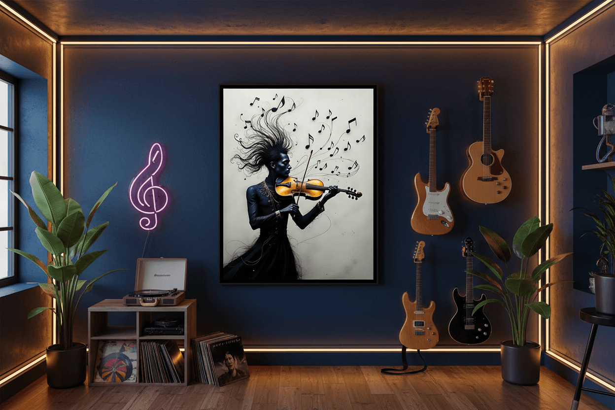 Framed art print of a woman playing violin with musical notes, dark blue dress, black frame