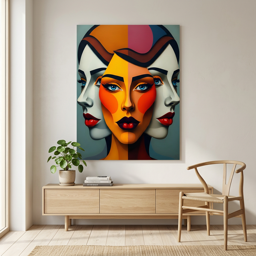 Geometric portrait faces wall art panel print with multiple side profiles