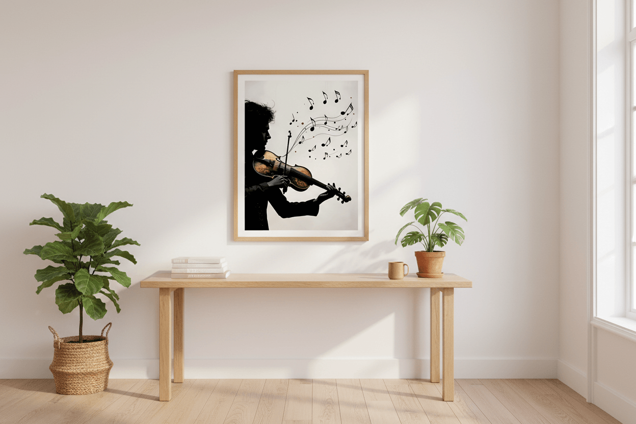 Light wood framed wall art featuring a violinist silhouette and music notes