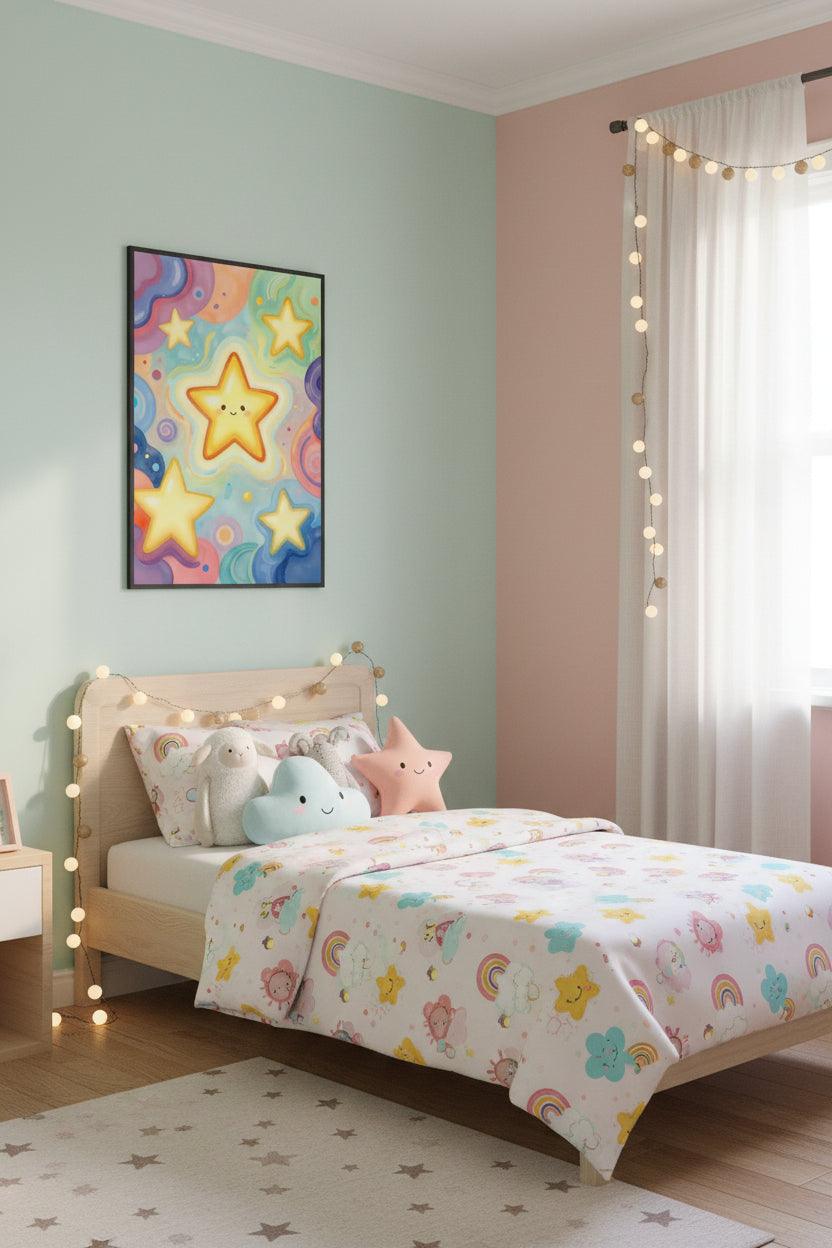 Framed wall art print with smiling stars and rainbow swirls, dark frame.