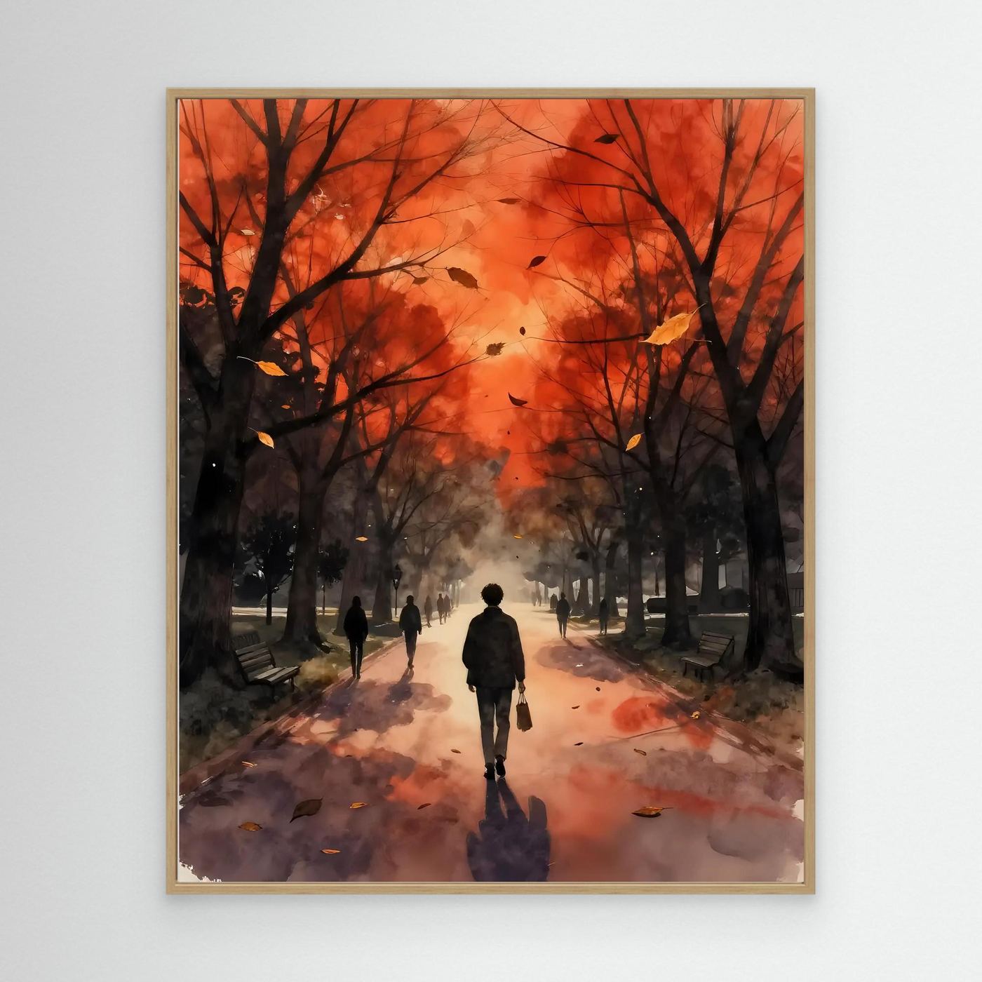 Oak framed autumn park wall art with orange trees, path, and silhouetted pedestrians