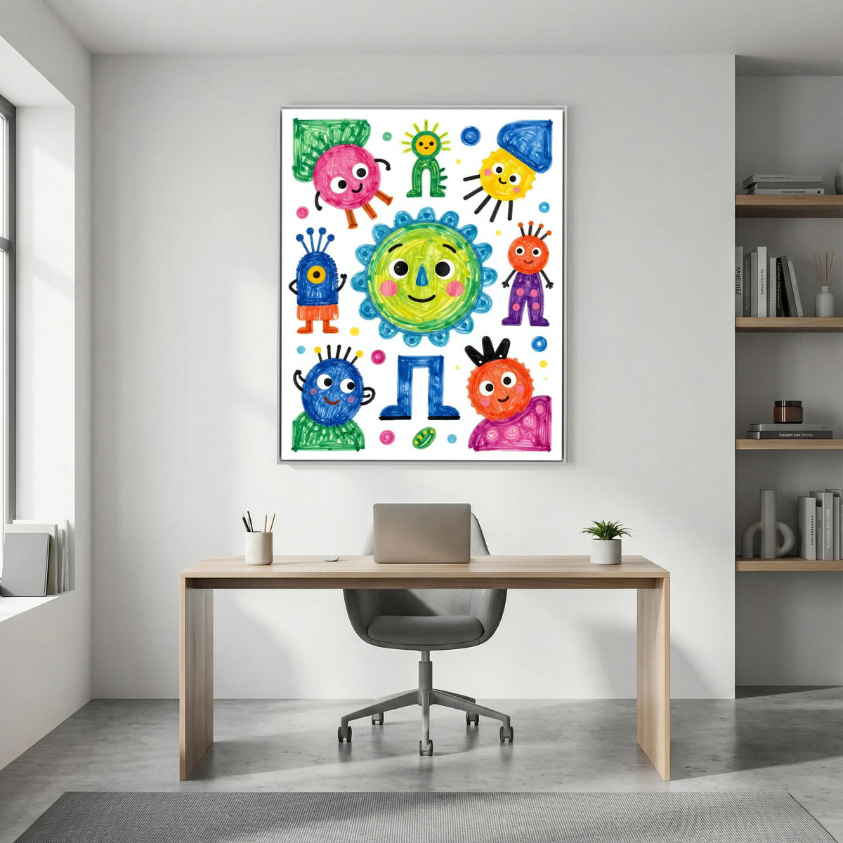 Framed colorful cartoon characters wall art with six smiling aliens and the number 1