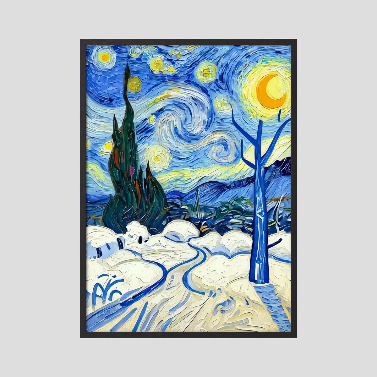 Framed snowy landscape art with blue swirls, stars, moon, and trees in a black frame