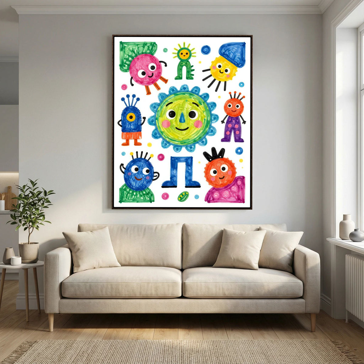 Framed colorful cartoon characters wall art with colorful aliens and the number 1