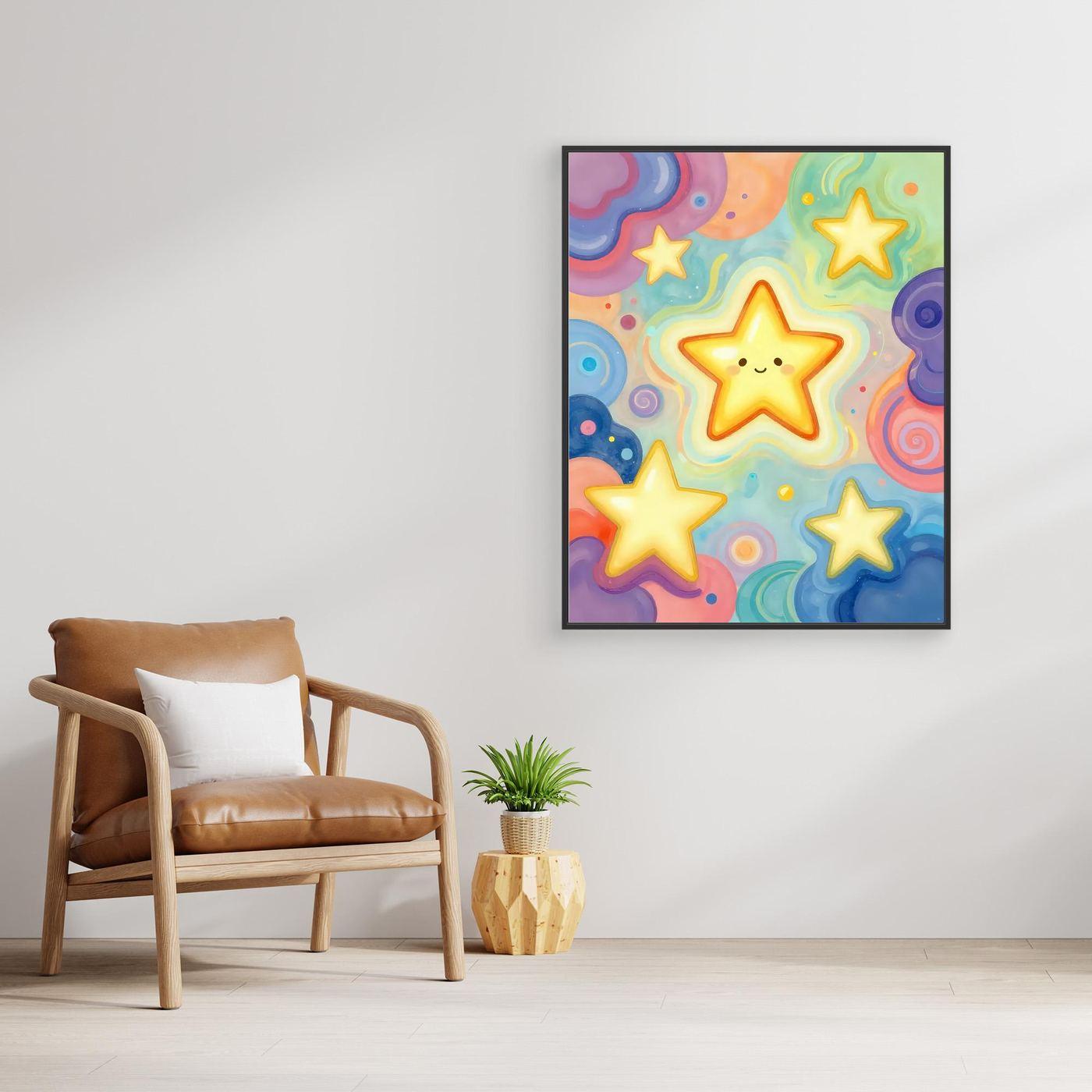 Framed star wall art print with five smiling yellow stars on a colorful sky; black frame