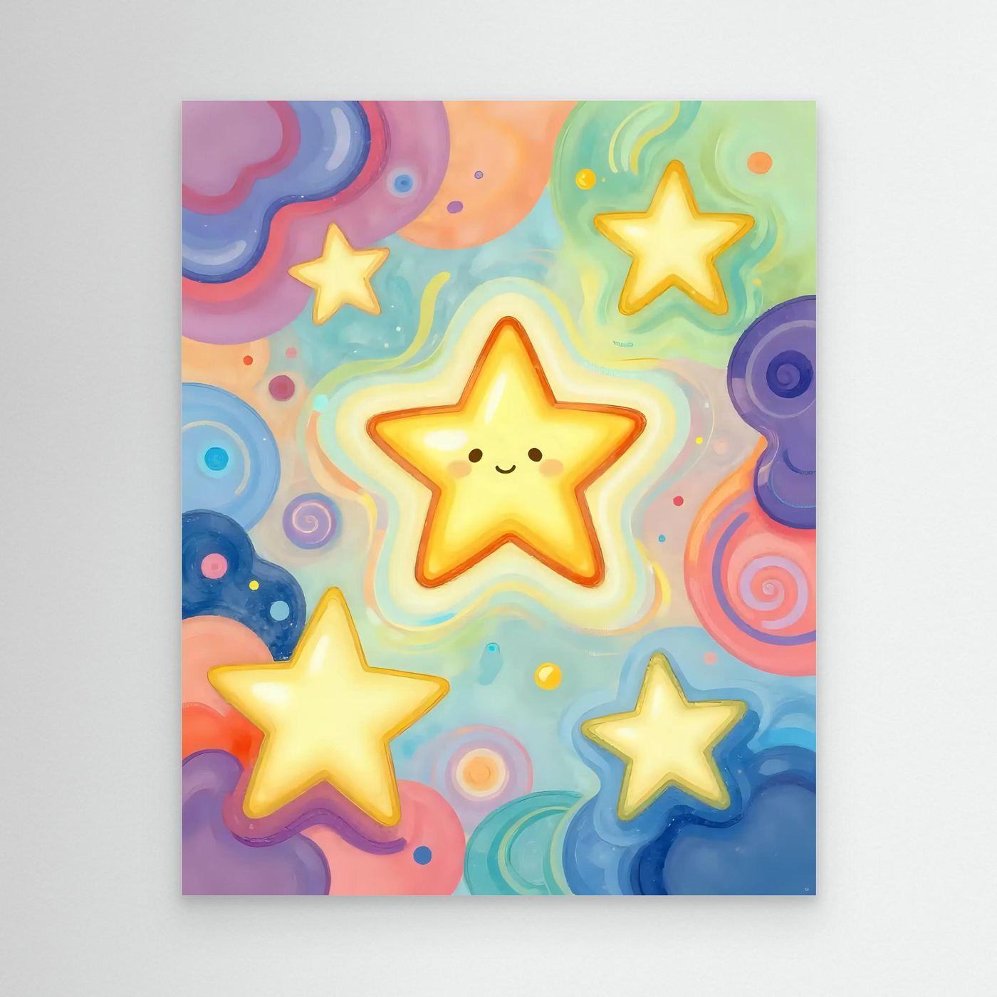 Star-themed wall art print with five smiling yellow stars on a colorful sky background
