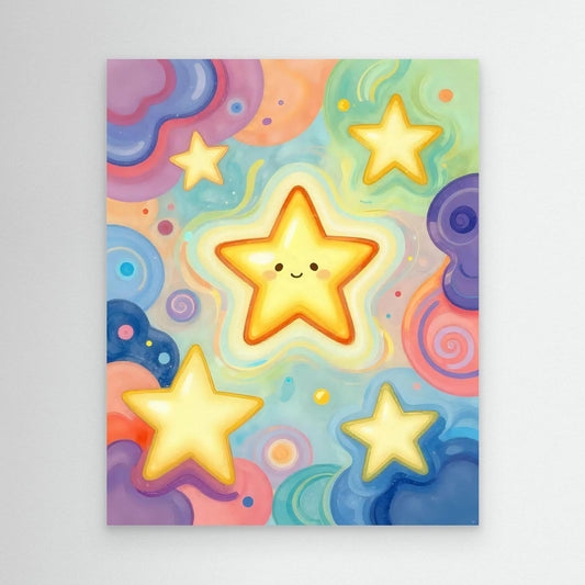 Star-themed wall art print with five smiling yellow stars on a colorful sky background