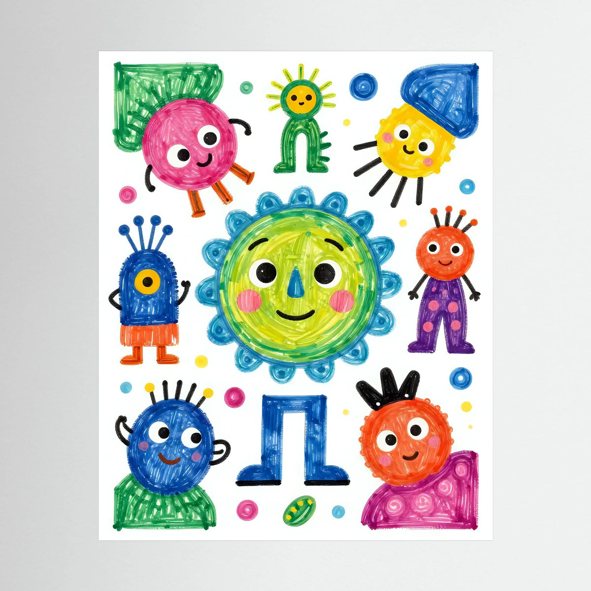 Unframed colorful cartoon characters print with smiling aliens and the number 1