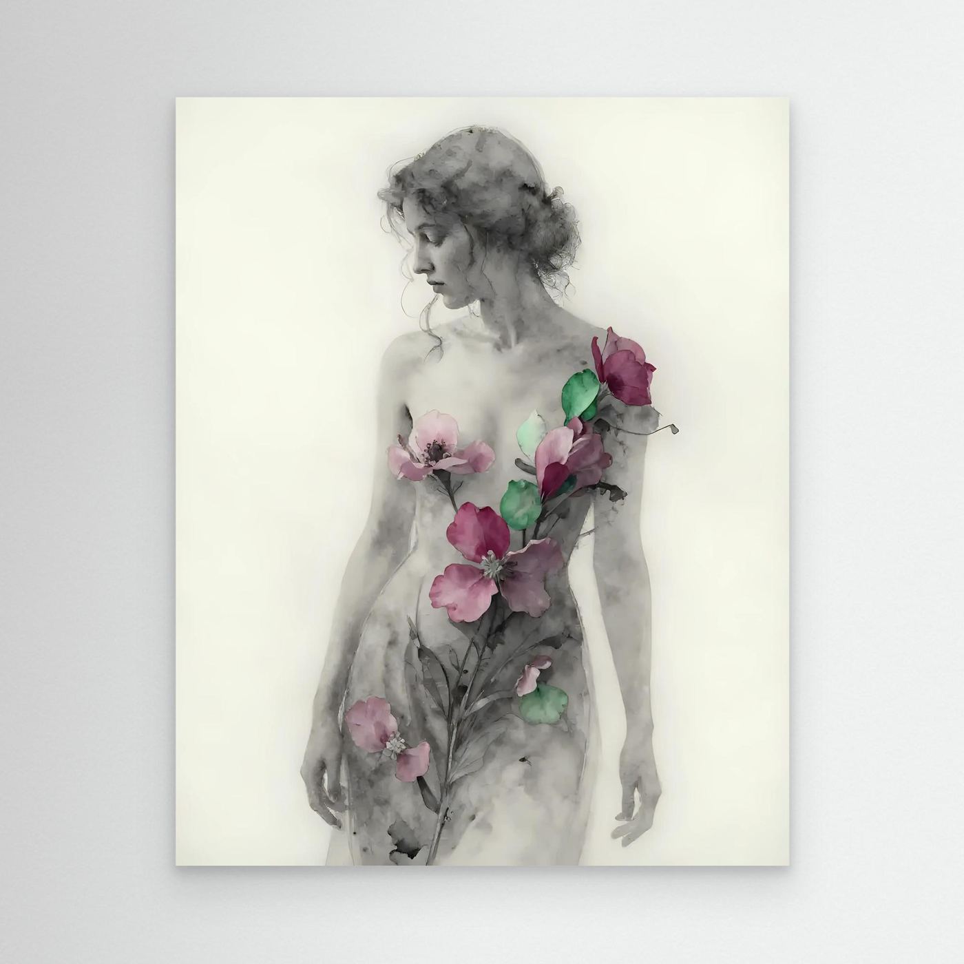 White-framed floral body art portrait of a woman in side profile