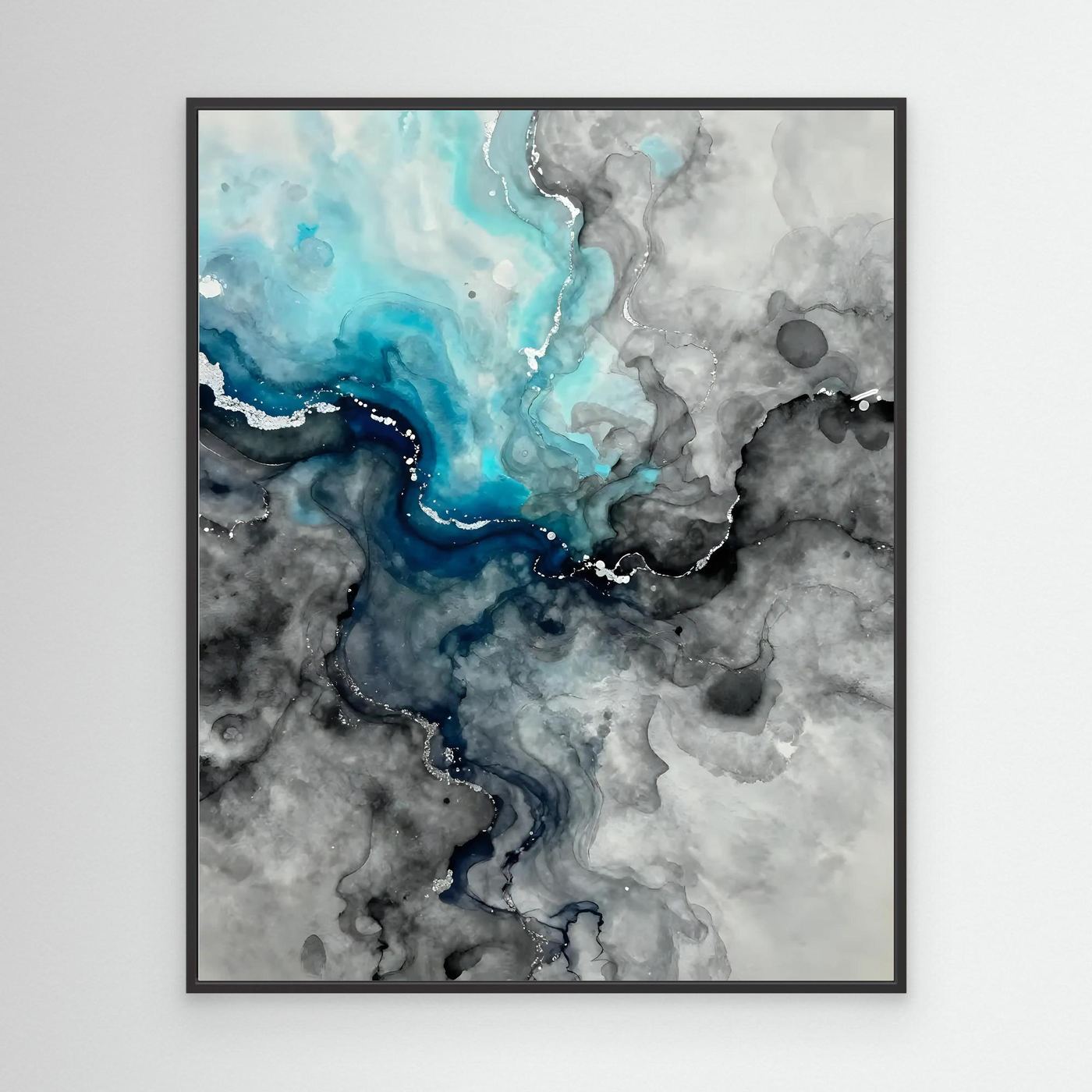 Framed abstract wall art with blue and gray marbled river design, black frame.