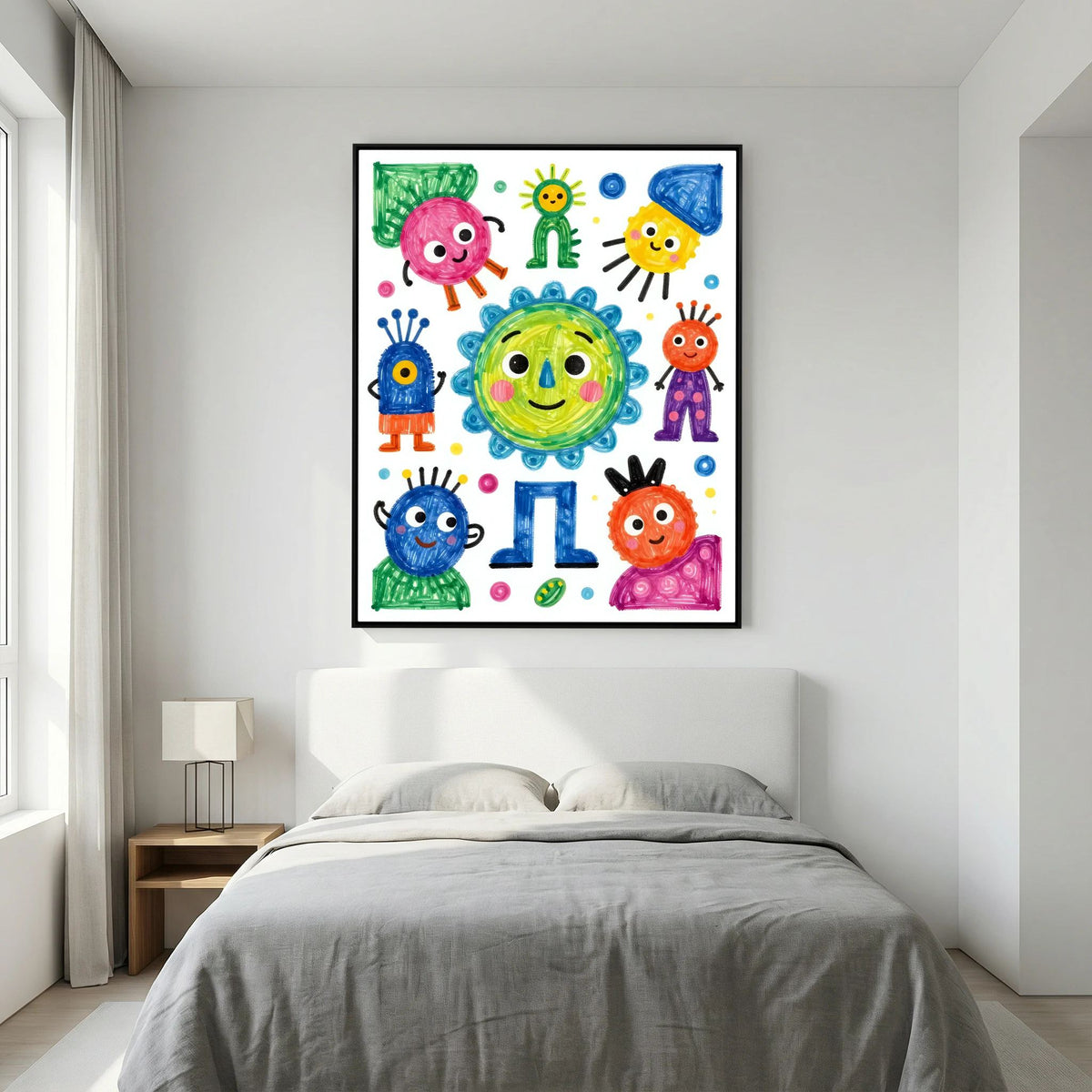 Framed colorful cartoon characters wall art featuring six smiling aliens and the number 1